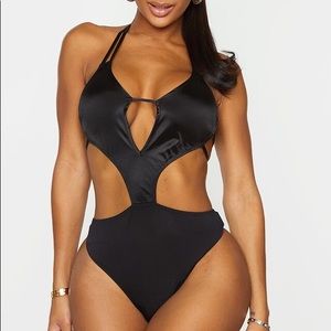 Shape Black Satin Strappy Plunge Bodysuit NWT